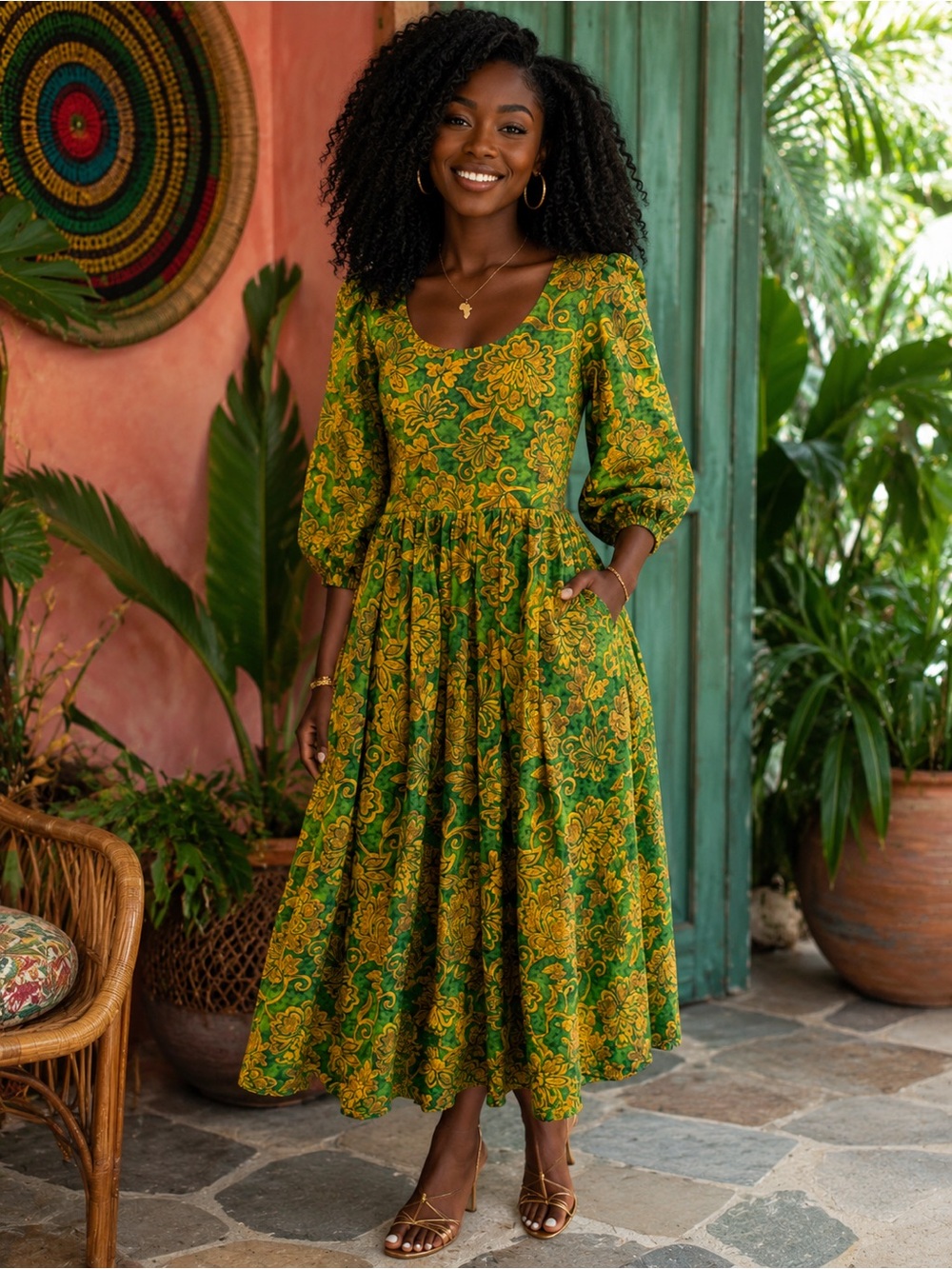 African Print Green Floral Scoop-Neck fit and flare Dress with Puff Sleeves